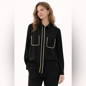Emporio Armani ICON Black Silk Blouse w/ Contrast Trim Pockets Size 38